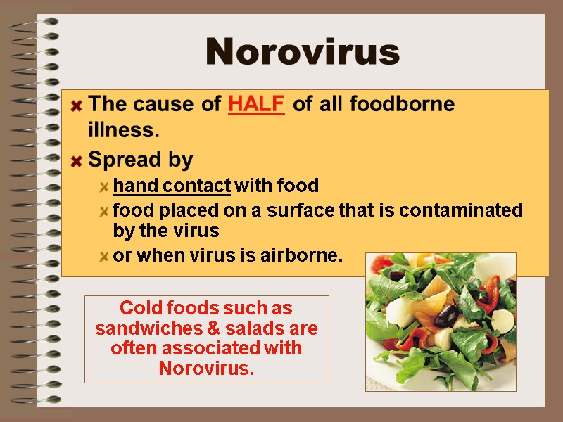Norovirus  The cause of HALF of all foodborne illness.  Spread by 